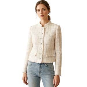 Zara Cream Ivory Tweed Blazer Crop Jacket Textured Size Small Cropped Collarless